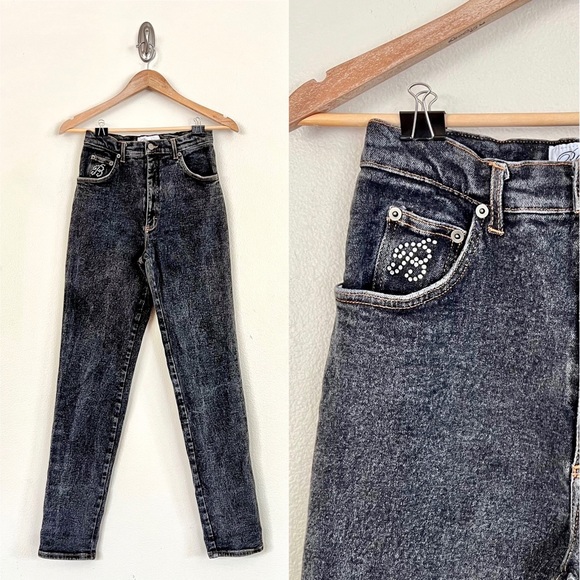 Vintage BLUMARINE Rhinestone Logo Acid Wash High Rise Jeans in Grey Black - Picture 1 of 8